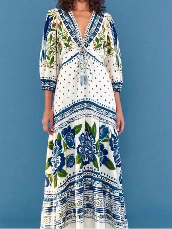 FARM Rio Dresses & Skirts - FARM Rio White Maxi Dress with Blue & Green Floral Print